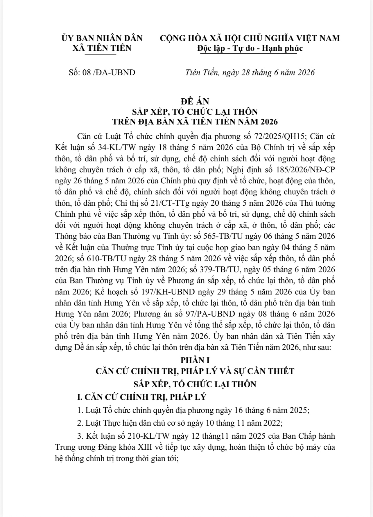 xã Tiên Tiến xây dựng Đề án sắp xếp, tổ chức lại thôn trên địa bàn xã năm 2026