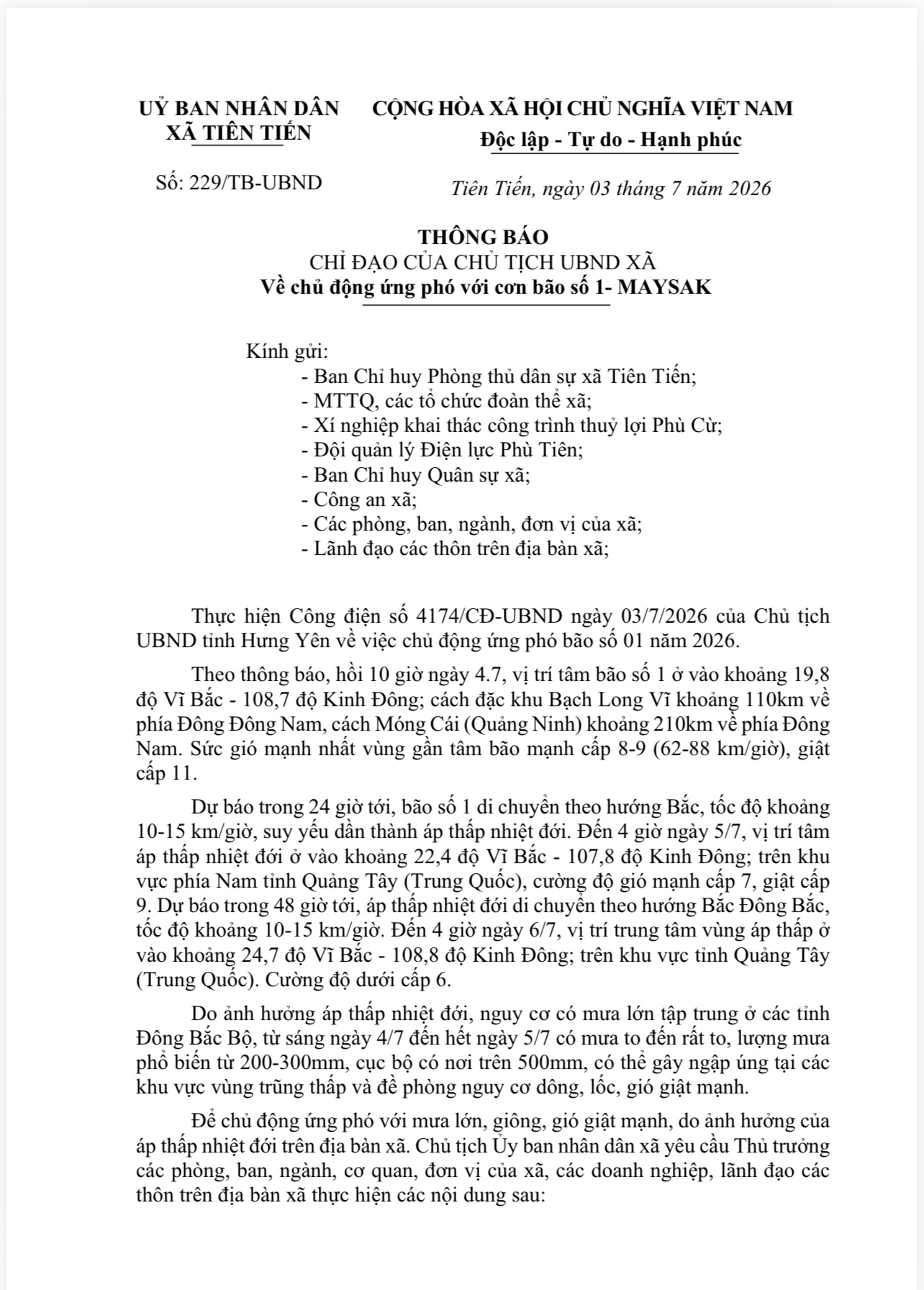 THÔNG BÁO CHỈ ĐẠO CỦA CHỦ TỊCH UBND XÃ VỀ CHỦ ĐỘNG ỨNG PHÓ VỚI CƠN BÃO SỐ 1- MAYSAK