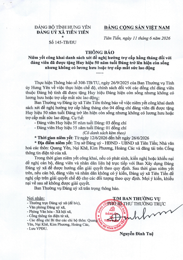 Thông báo Niêm yết công khai danh sách xét đề nghị hưởng trợ cấp hằng tháng đối với đảng viên đã được tặng Huy hiệu 50 năm tuổi Đảng trở lên hiện còn sống nhưng không có lương hưu hoặc trợ cấp mất sức lao động