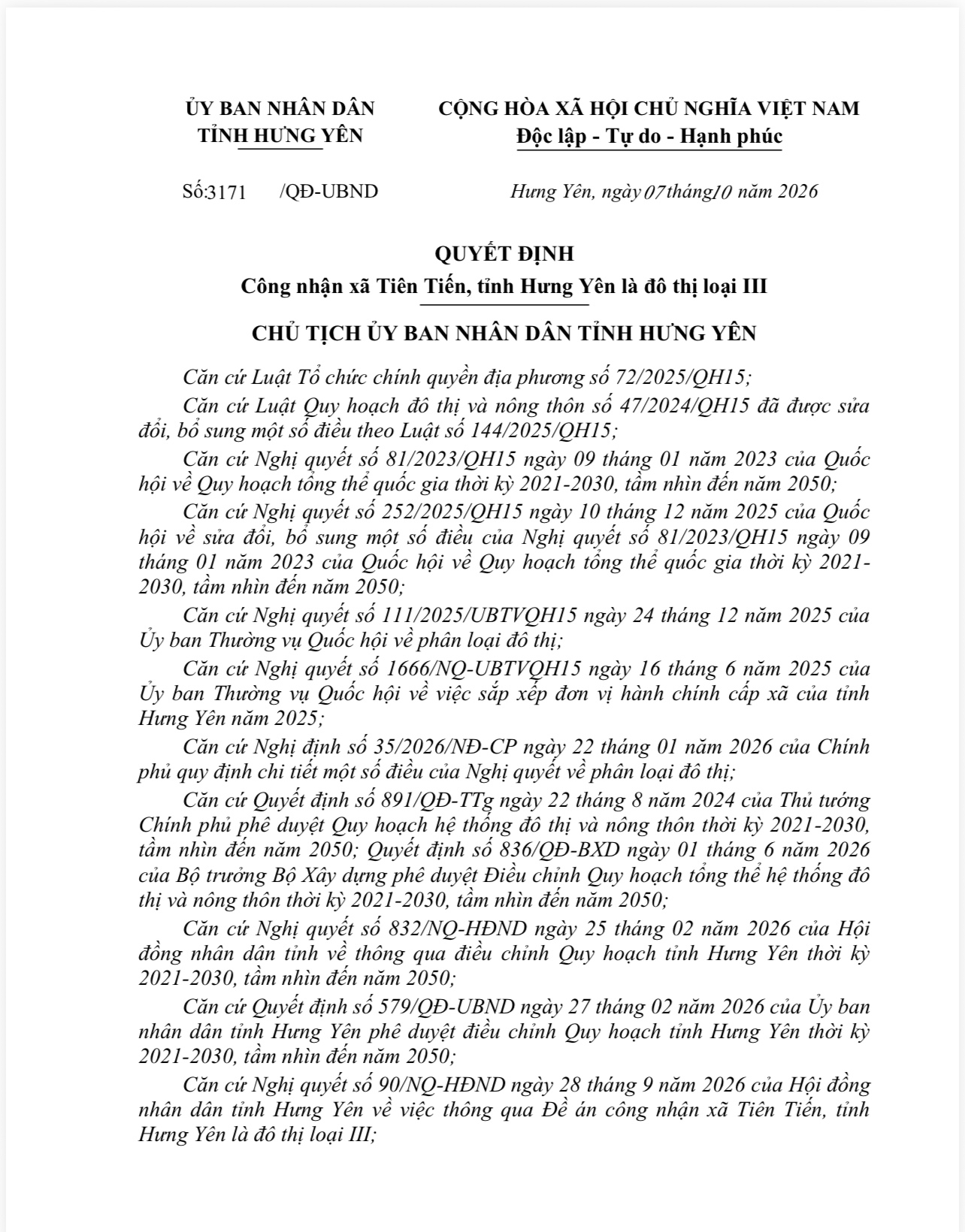XÃ TIÊN TIẾN ĐƯỢC CÔNG NHẬN ĐÔ THỊ LOẠI III, HƯỚNG TỚI ĐÔ THỊ VĂN MINH, HIỆN ĐẠI